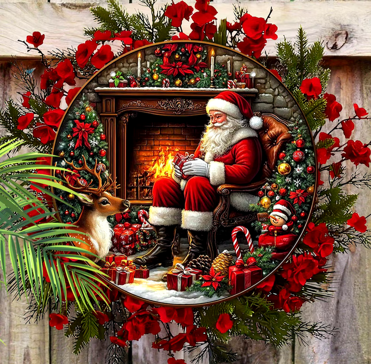 Christmas Red Santa Claus Elk Retro Style Berry Poinsettia Xmas Wood