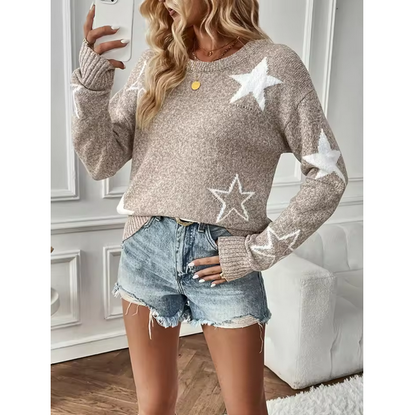 Fashion Women Sweater Round Neck Knit Top with Star Print Design