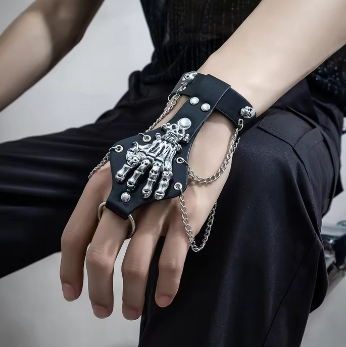 KunJoe Steampunk Skull Finger PU leather Bracelet