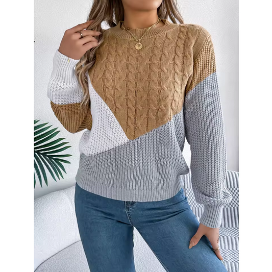 Women Casual Pullover Autumn Winter Patchwork Knitwear With Color Blocking Design