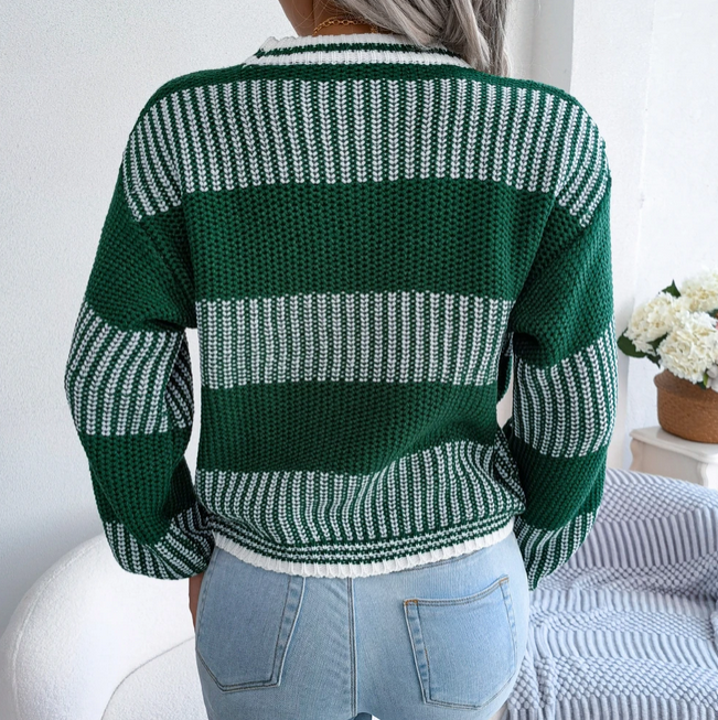 Autumn Winter Women Striped Pullover Casual Long Sleeve Round Neck Contrast Sweater