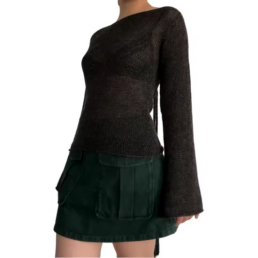 Fashion Women Tie Back Sweater Boat Neck Long Sleeve Knit Pullover