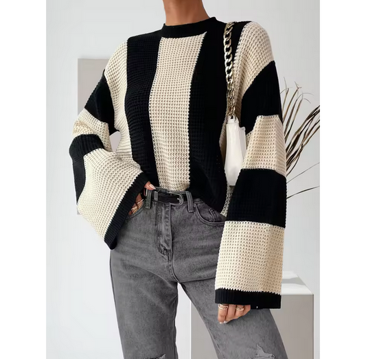 Women Knit Pullover Colorblock Round Neck Drop Shoulder Sweater
