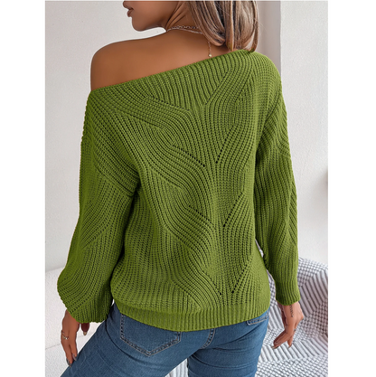 Slash Neck Off Shoulder Sweaters Woman Autumn Winter Lantern Long Sleeve Knitted
