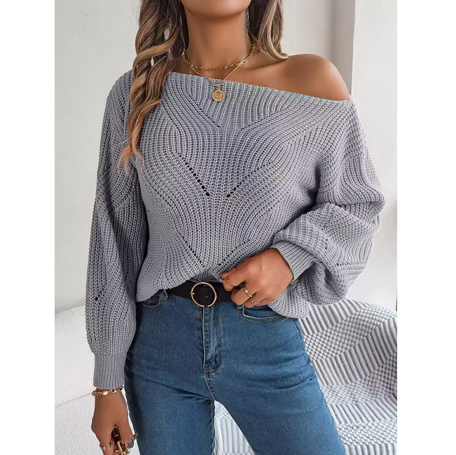 Slash Neck Off Shoulder Sweaters Woman Autumn Winter Lantern Long Sleeve Knitted