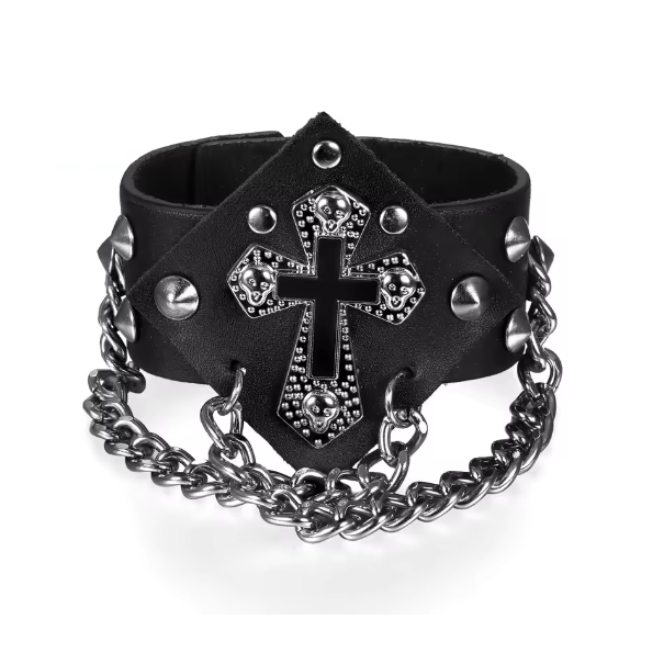 Punk Black Rivet Bracelet Bangle Spikes Gothic Rock Cross Leather