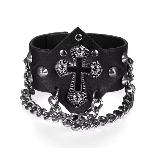 Punk Black Rivet Bracelet Bangle Spikes Gothic Rock Cross Leather