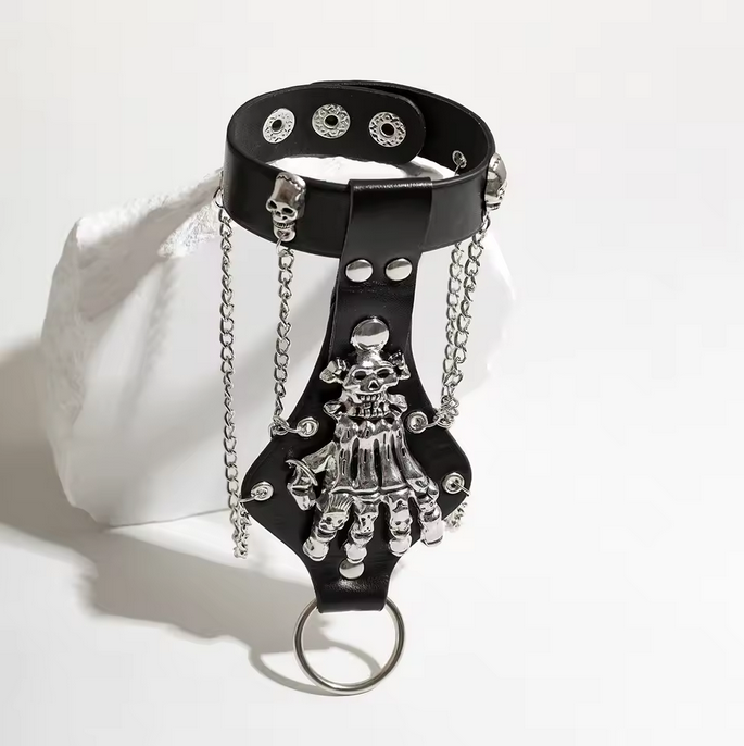 KunJoe Steampunk Skull Finger PU leather Bracelet