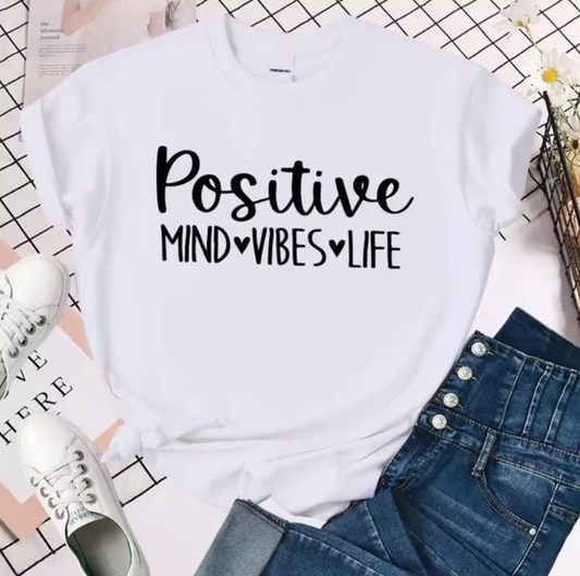 Positive Vibes Letter Print Tshirt Women Casual Loose Fit Short Sleeve Top