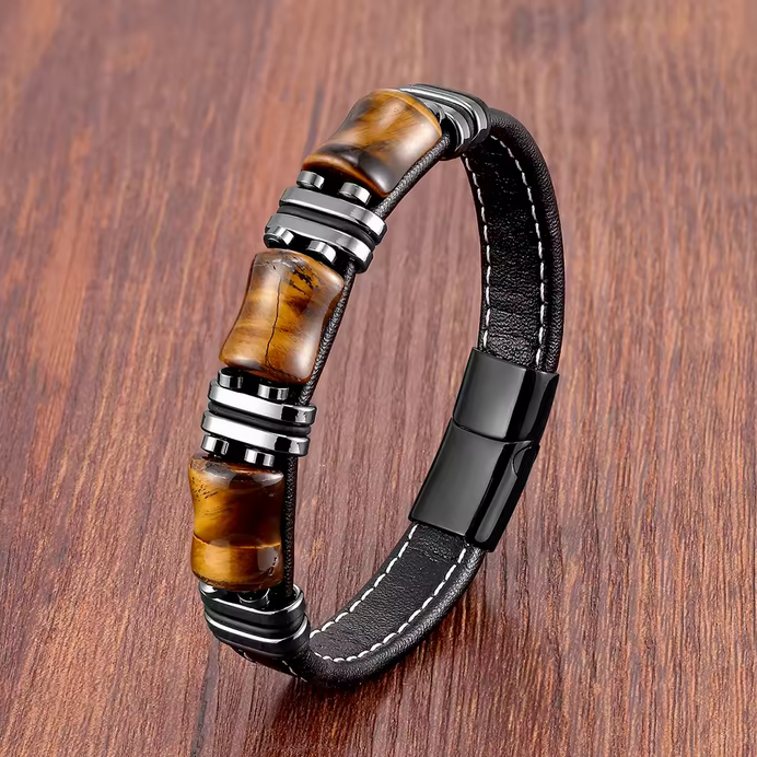 Black Leather Rope Chain Bracelet Stainless Steel Fashion