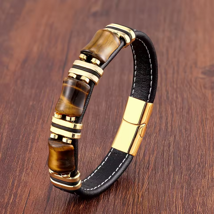 Black Leather Rope Chain Bracelet Stainless Steel Fashion