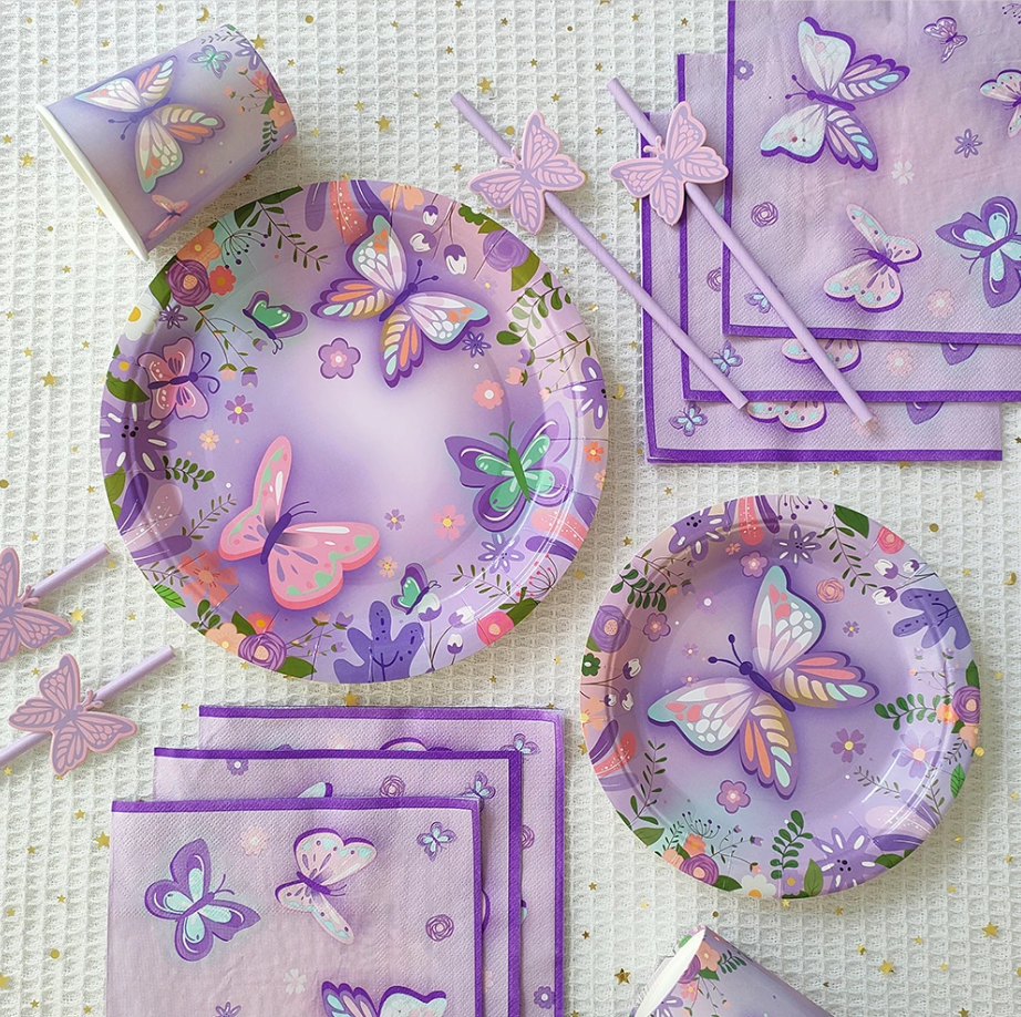 Butterfly Birthday Party Decor Pink Purple Disposable Tableware