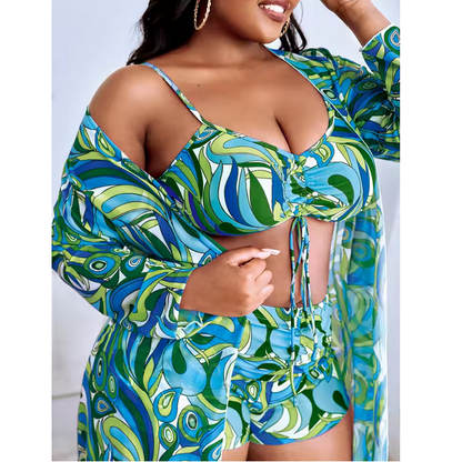 Bikini Printed Swimsuit Women Kimono Drawstring Front Swimwear