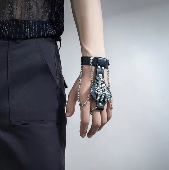 KunJoe Steampunk Skull Finger PU leather Bracelet