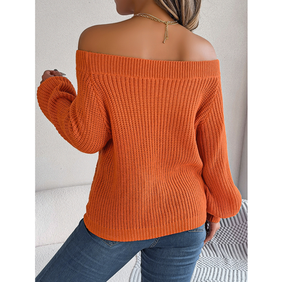 Autumn Winter Knit Sweater Women’s Solid Color Off Shoulder