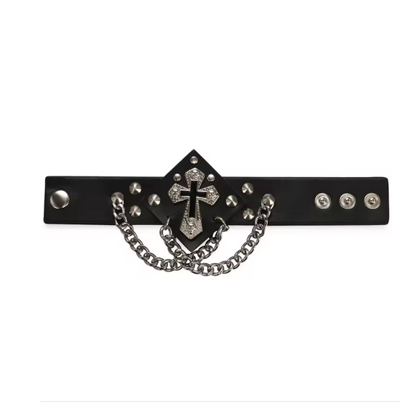 Punk Black Rivet Bracelet Bangle Spikes Gothic Rock Cross Leather