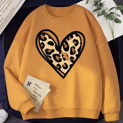 Sweatshirt Incomplete Leopard Print Heart Pullover Comfortable