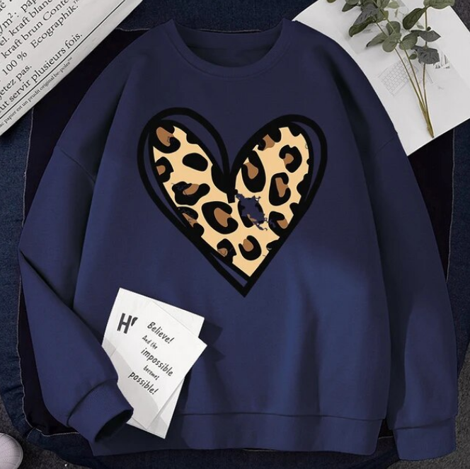 Sweatshirt Incomplete Leopard Print Heart Pullover Comfortable