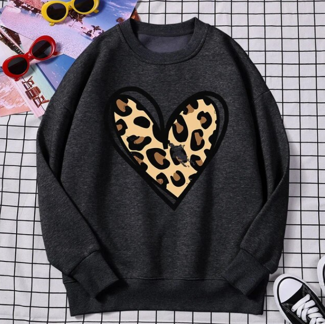 Sweatshirt Incomplete Leopard Print Heart Pullover Comfortable