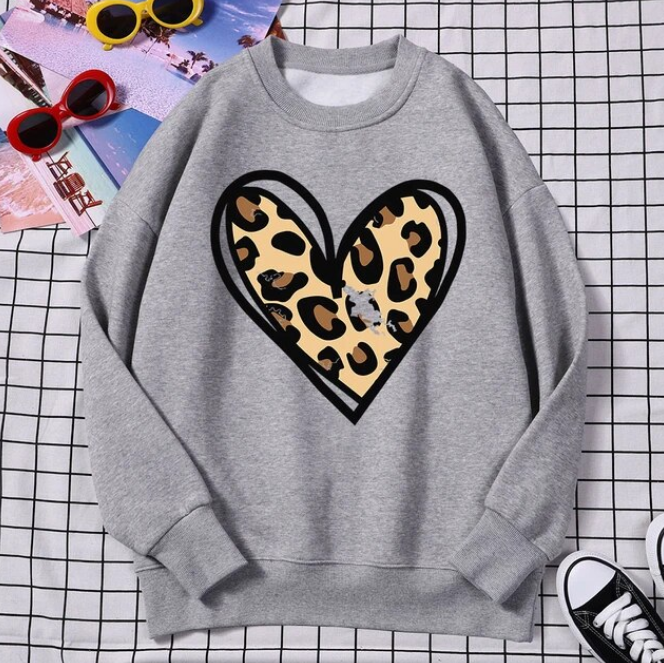 Sweatshirt Incomplete Leopard Print Heart Pullover Comfortable