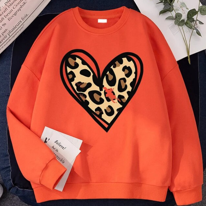 Sweatshirt Incomplete Leopard Print Heart Pullover Comfortable