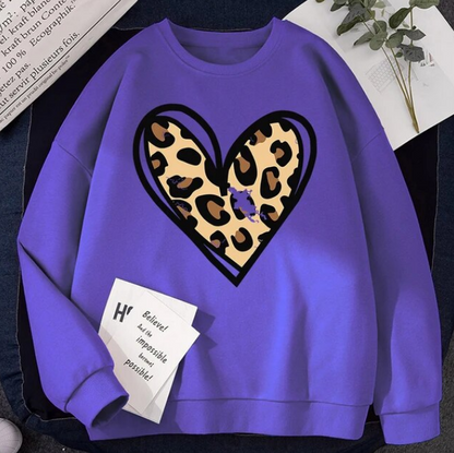 Sweatshirt Incomplete Leopard Print Heart Pullover Comfortable