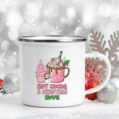 Christmas Vibes Enamel Mug Xmas Pink Style Coffee