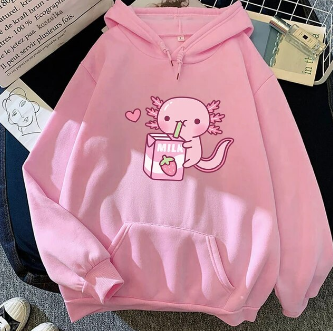 Anime Axolotl Loves Strawberry Milk Doodle Hoodies