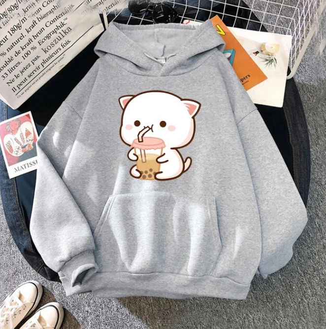 Peach and Goma Harajuku Cute Kawaii Cat Boba Milk Tea Hoodies - DUGO