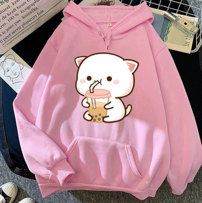 Peach and Goma Harajuku Cute Kawaii Cat Boba Milk Tea Hoodies - DUGO