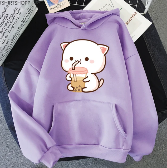 Peach and Goma Harajuku Cute Kawaii Cat Boba Milk Tea Hoodies - DUGO