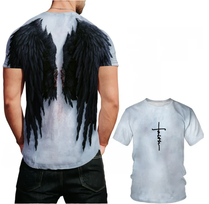 Cool Ladies Men Tshirt Angel Wings Cross 3D Print Short Sleeve Summer Casual