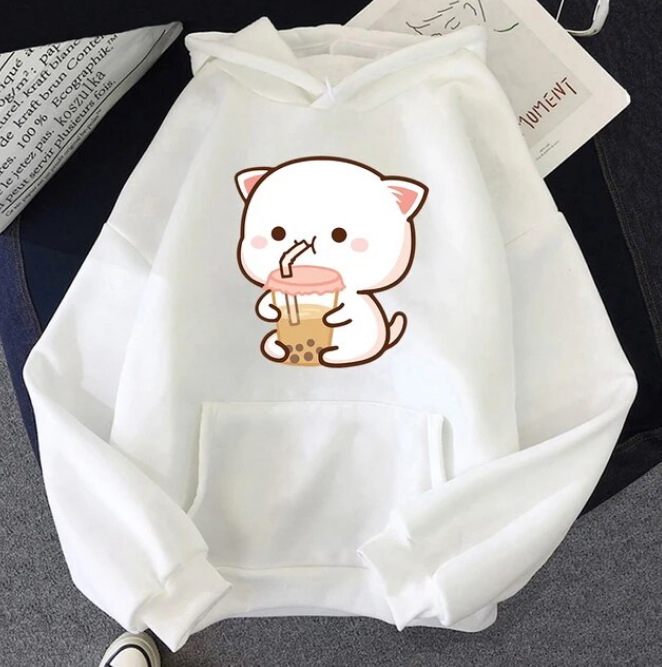 Peach and Goma Harajuku Cute Kawaii Cat Boba Milk Tea Hoodies - DUGO