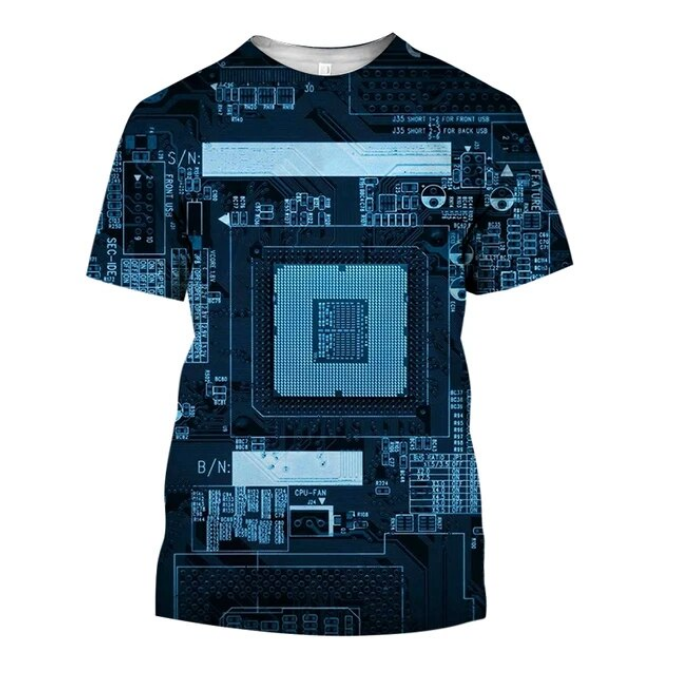 Tshirt 3D Printed O Collar Short Sleeve Circuit Board Pattern