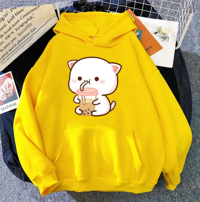 Peach and Goma Harajuku Cute Kawaii Cat Boba Milk Tea Hoodies - DUGO