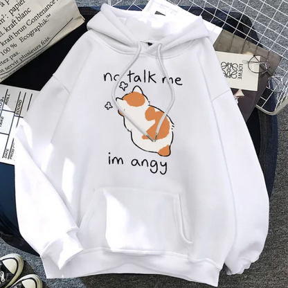 No Talk Me Cute Angry Cat Print Women Hoodies Hip Hop Soft Sweatshirt Casual