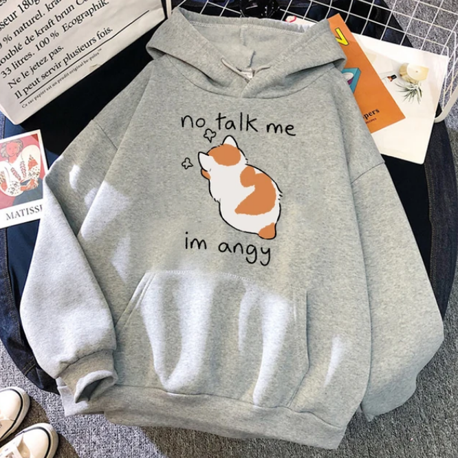 No Talk Me Cute Angry Cat Print Women Hoodies Hip Hop Soft Sweatshirt Casual