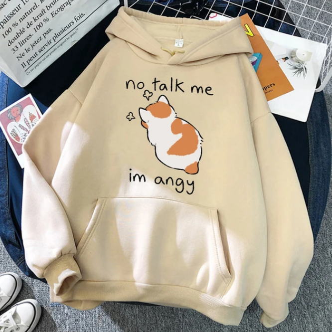 No Talk Me Cute Angry Cat Print Women Hoodies Hip Hop Soft Sweatshirt Casual