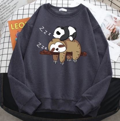 Sweatshirts Panda Lying On A Sloth Comfortable Pullover Crewneck