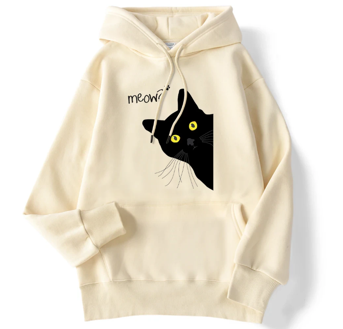 Winter Women Hoodies Meow Black Cat Printed Pullover Sweatshirts