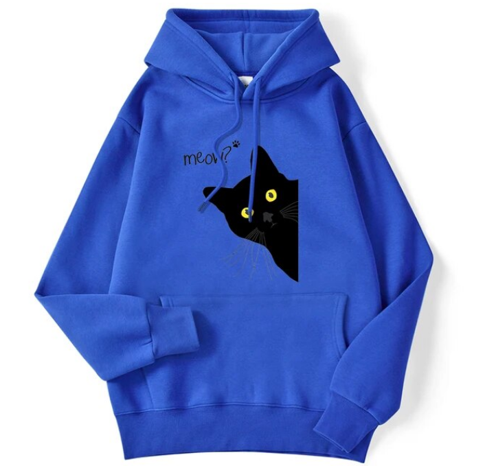 Winter Women Hoodies Meow Black Cat Printed Pullover Sweatshirts