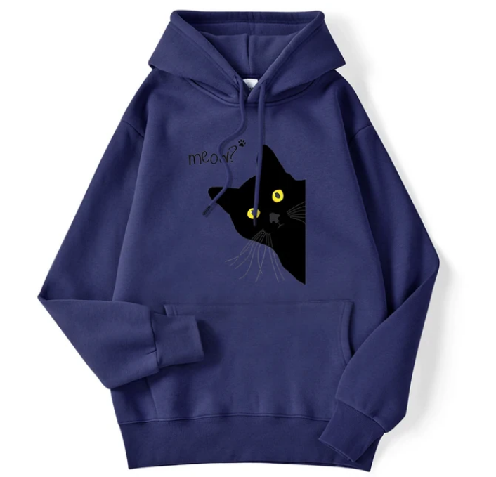 Winter Women Hoodies Meow Black Cat Printed Pullover Sweatshirts