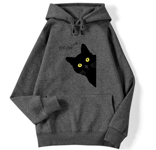 Winter Women Hoodies Meow Black Cat Printed Pullover Sweatshirts