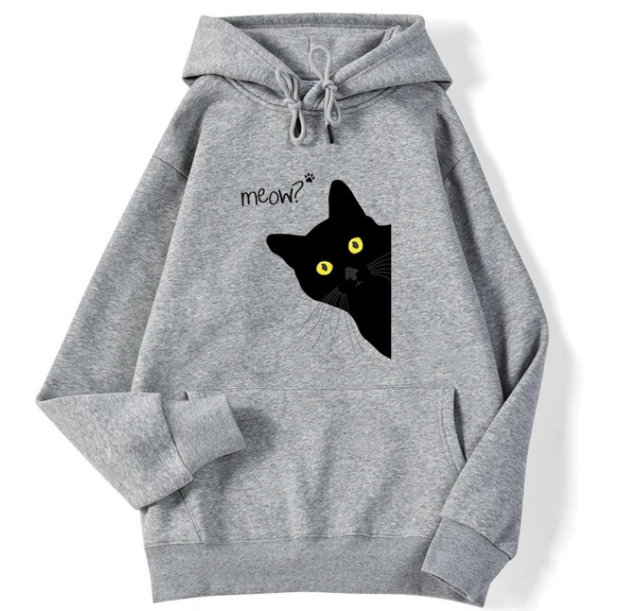 Winter Women Hoodies Meow Black Cat Printed Pullover Sweatshirts