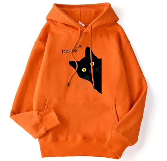 Winter Women Hoodies Meow Black Cat Printed Pullover Sweatshirts