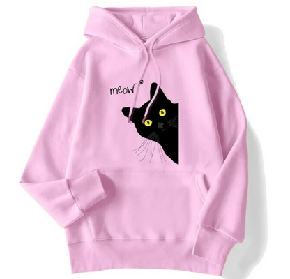 Winter Women Hoodies Meow Black Cat Printed Pullover Sweatshirts