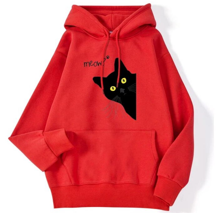 Winter Women Hoodies Meow Black Cat Printed Pullover Sweatshirts