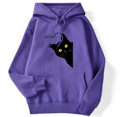 Winter Women Hoodies Meow Black Cat Printed Pullover Sweatshirts