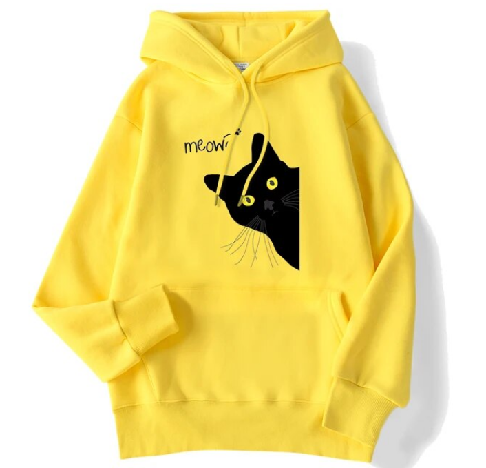 Winter Women Hoodies Meow Black Cat Printed Pullover Sweatshirts