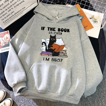 If The Book Is Open Im Busy Black Cat Hoodies Fashion Sweatshirt